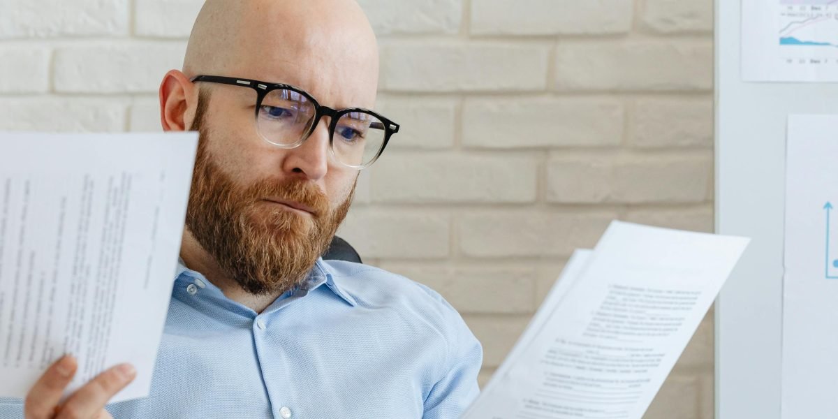 A focused executive reviewing financial reports or strategic documents, demonstrating a disciplined workflow for decision-making.
