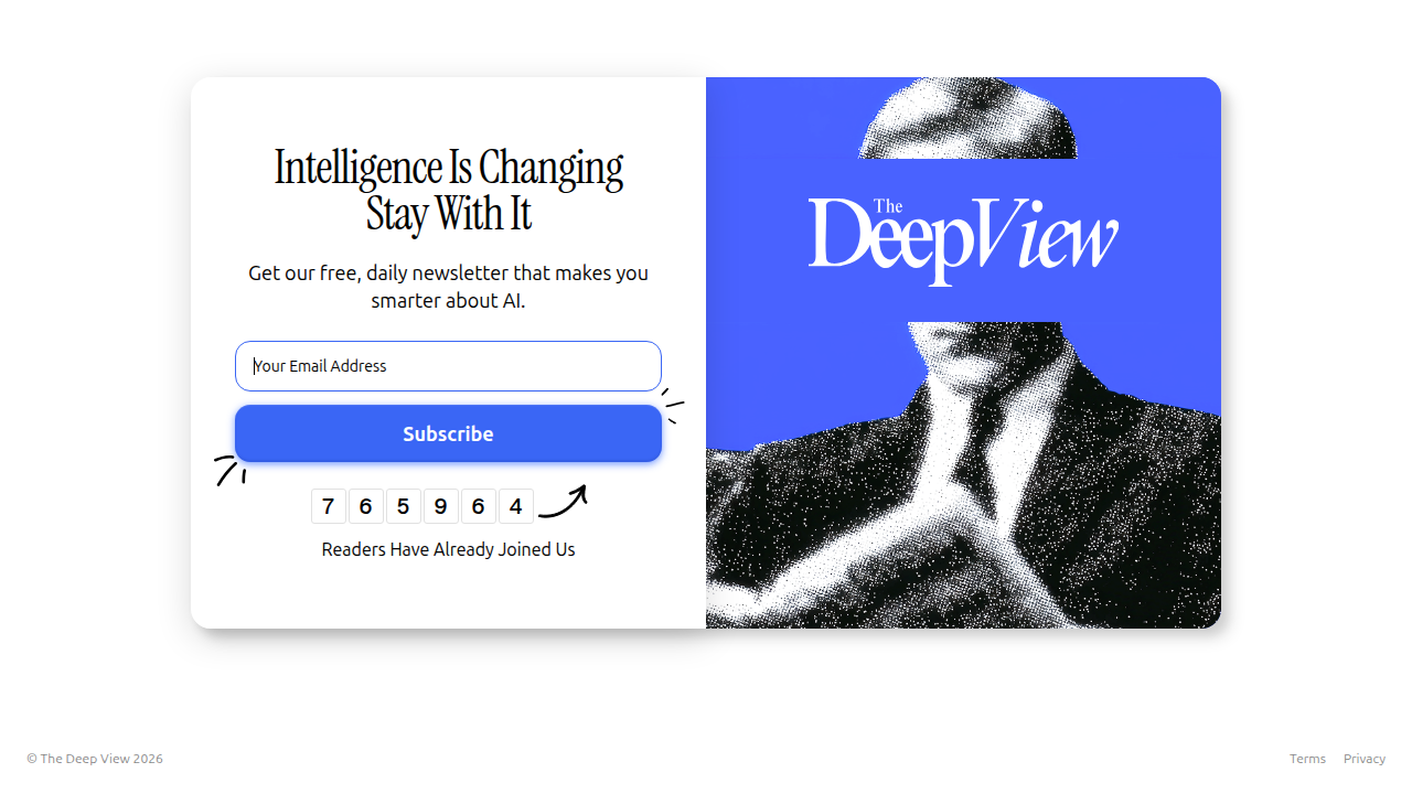 Screenshot of The Deep View Newsletter's subscription page, highlighting its promise of clear daily AI and market insights.