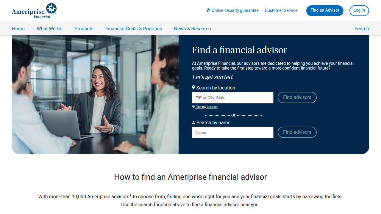Screenshot of Ameriprise Financial's homepage, representing a source for market outlooks and investor insights.