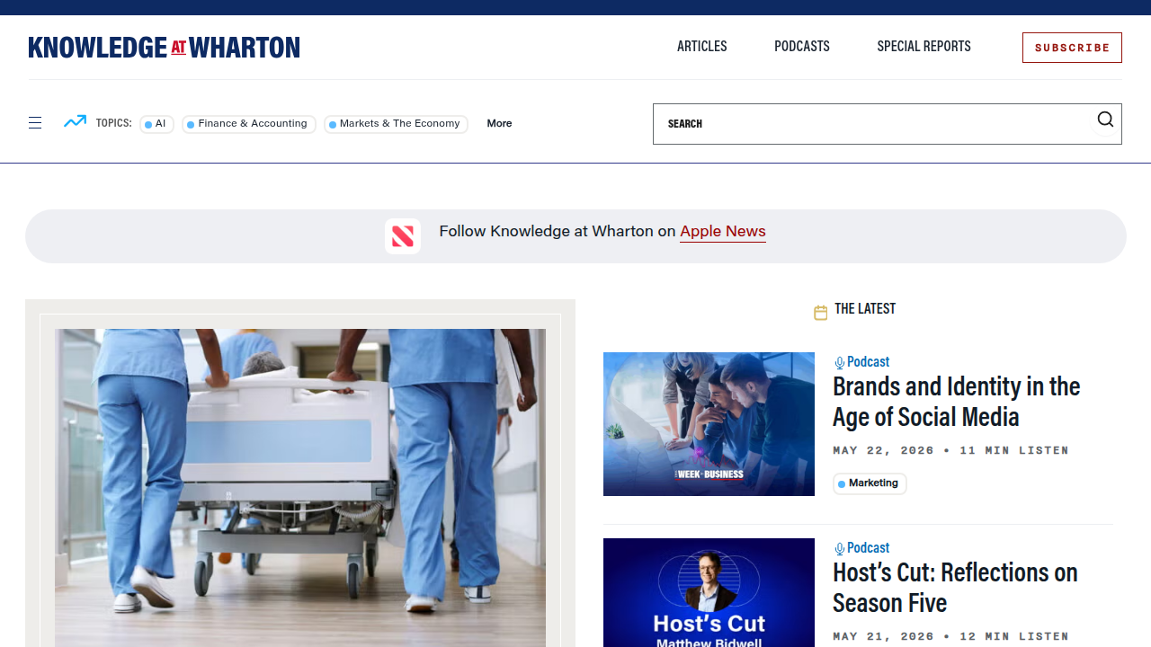 Screenshot of the Wharton School's Knowledge homepage, showcasing resources like the Media Bias Detector for objective analysis.