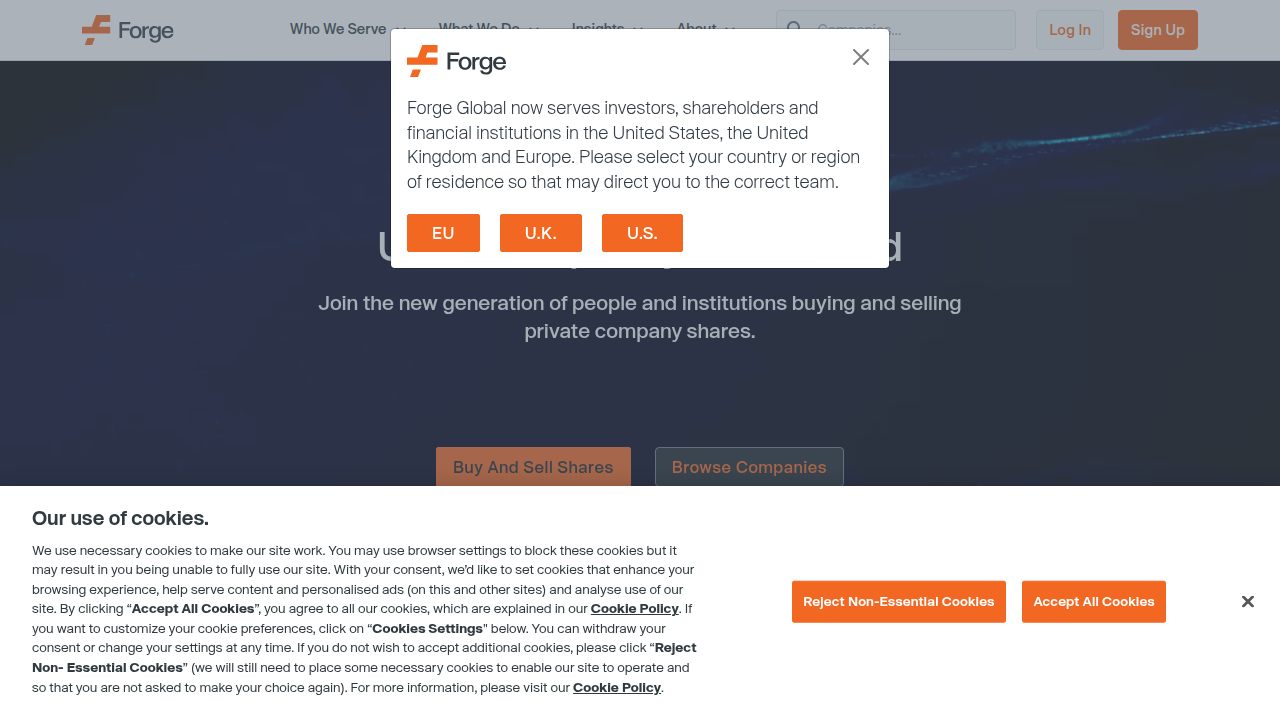 The Forge Global homepage, a platform for trading private company shares.