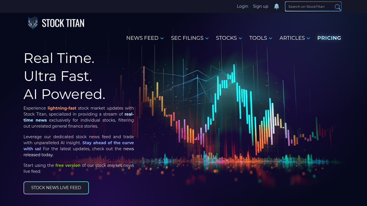 Screenshot of the Stock Titan homepage, a financial data platform offering company financials.
