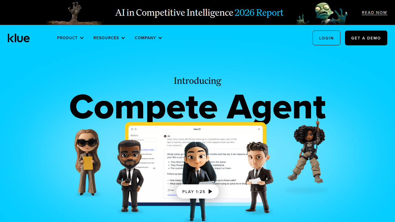 Screenshot of the Klue homepage, specializing in competitive intelligence for businesses.
