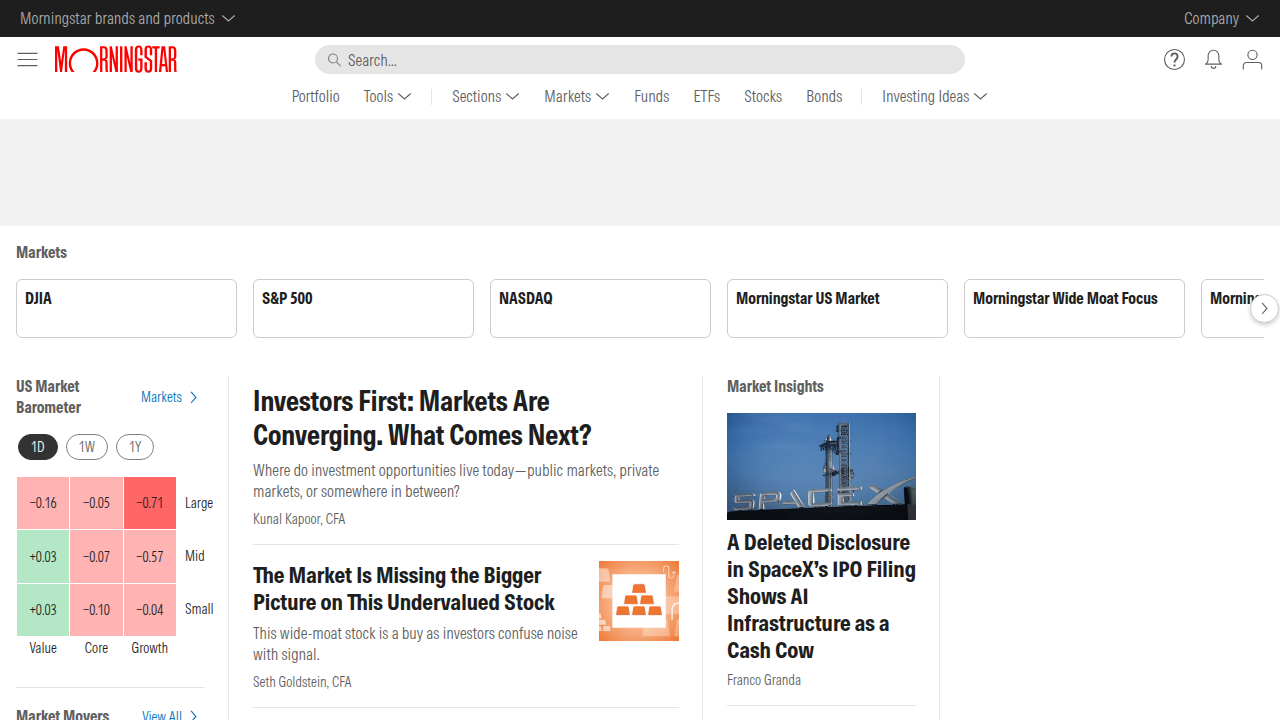 A screenshot of Morningstar's homepage, a leading provider of independent investment research and data.