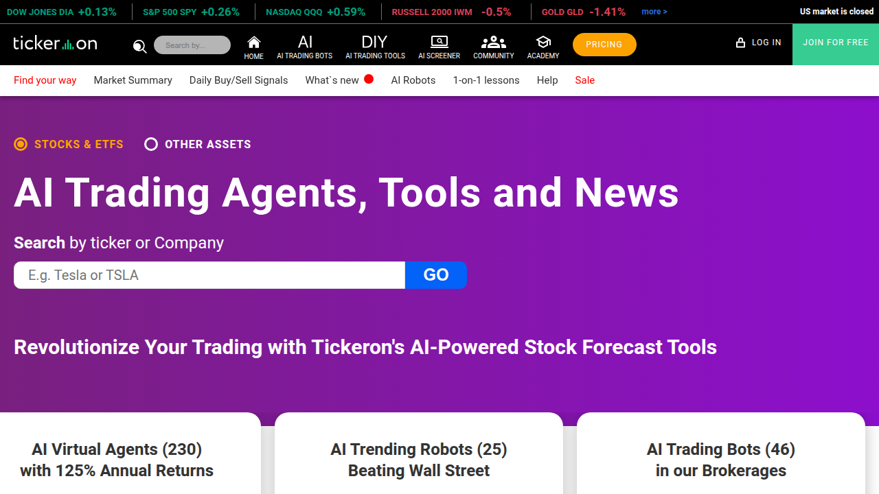 A screenshot of the Tickeron homepage, a platform offering stock analysis and comparison tools.