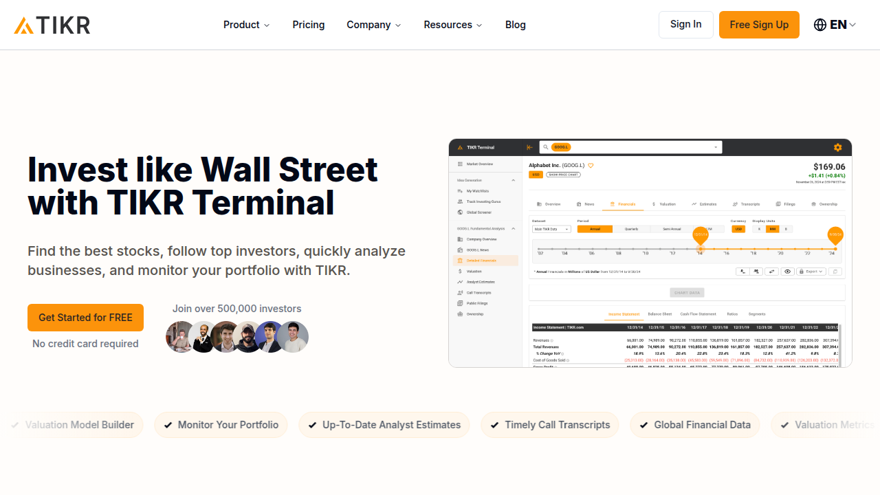 A screenshot of the TIKR homepage, an investment research platform providing company financials and analysis.