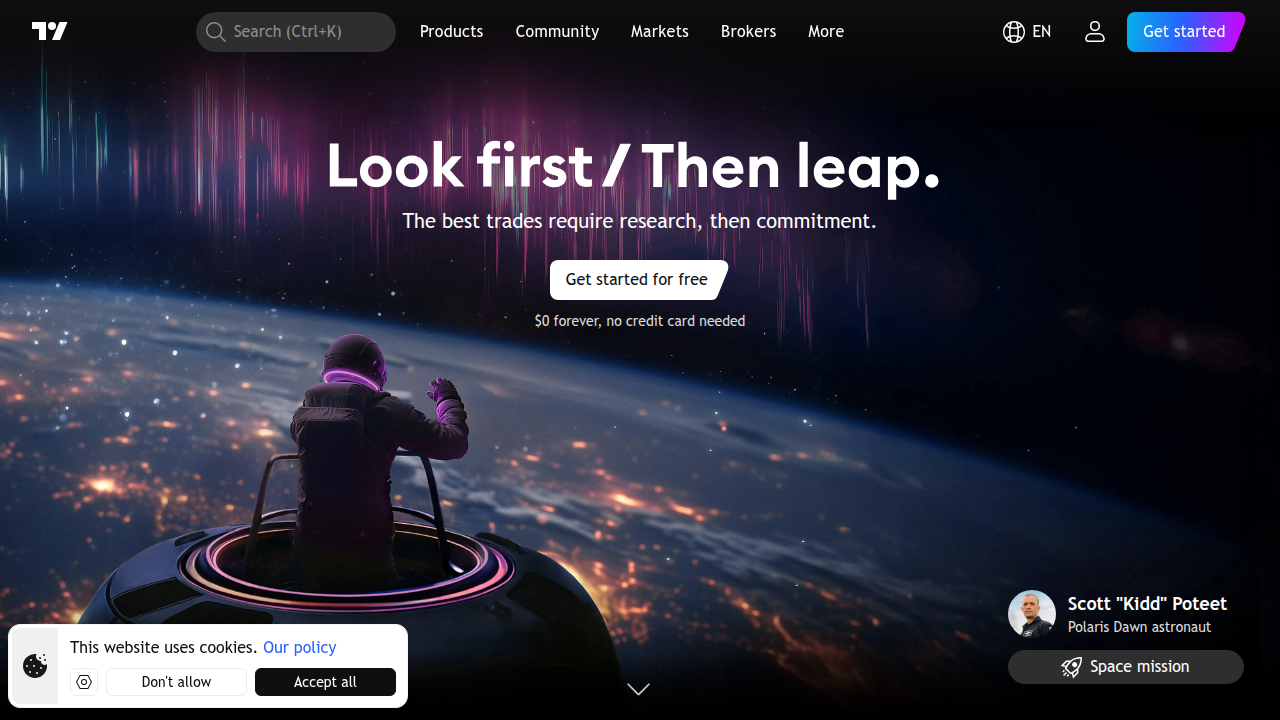 A screenshot of the TradingView homepage, a popular charting and social trading platform.