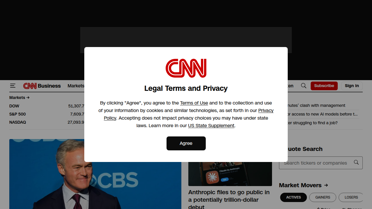 The CNN Business homepage, offering real-time business and market news updates.