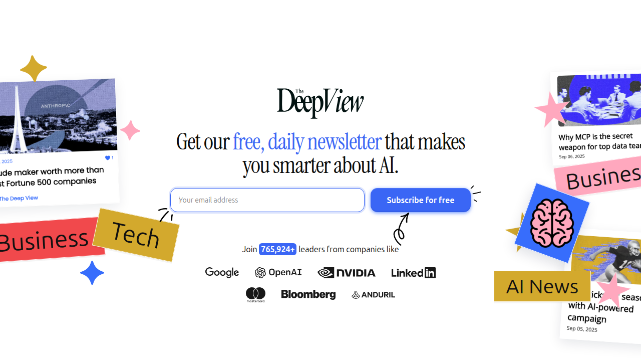 A screenshot of The Deep View Newsletter's subscription page, highlighting its focus on clear AI and tech insights.