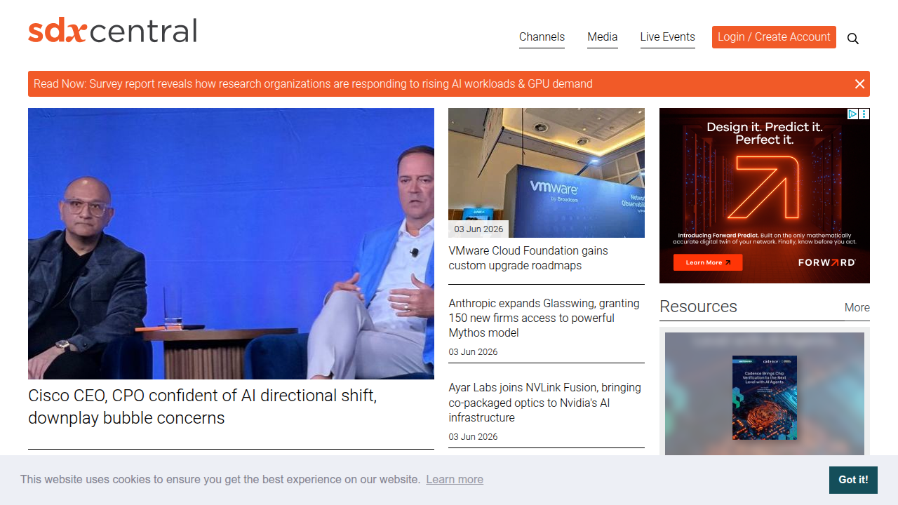 A screenshot of SDxCentral's website, a source for industry news and reports on networking and telecom markets.