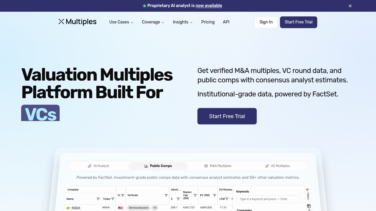 Homepage of Multiples.vc, a platform often used for public company comparisons and valuation multiples.