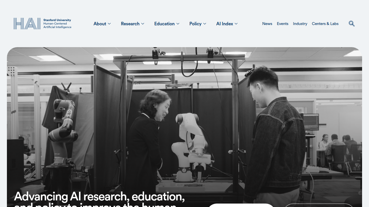 Screenshot of the Stanford HAI (Human-Centered AI) Institute homepage, a leader in AI research and policy.