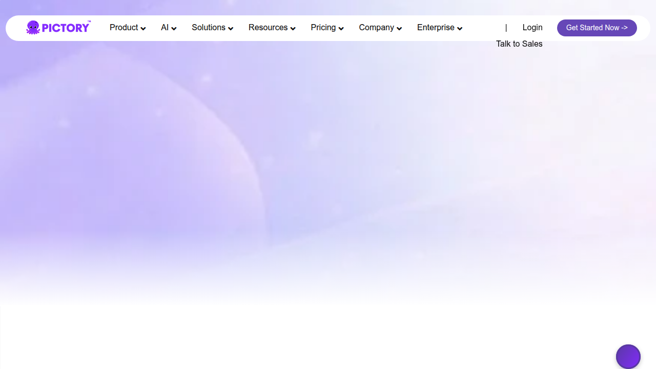 Screenshot of the Pictory.ai homepage, a platform specializing in AI-powered video generation for content creators.