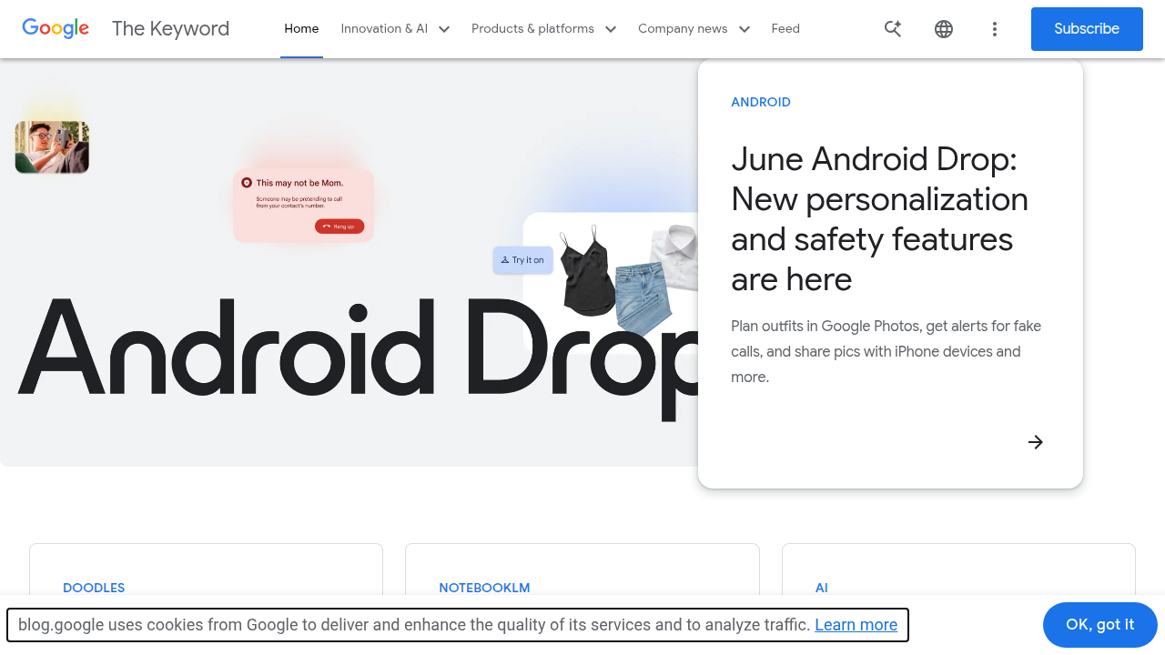 Screenshot of the official Google Blog homepage, a source for major announcements including AI developments.