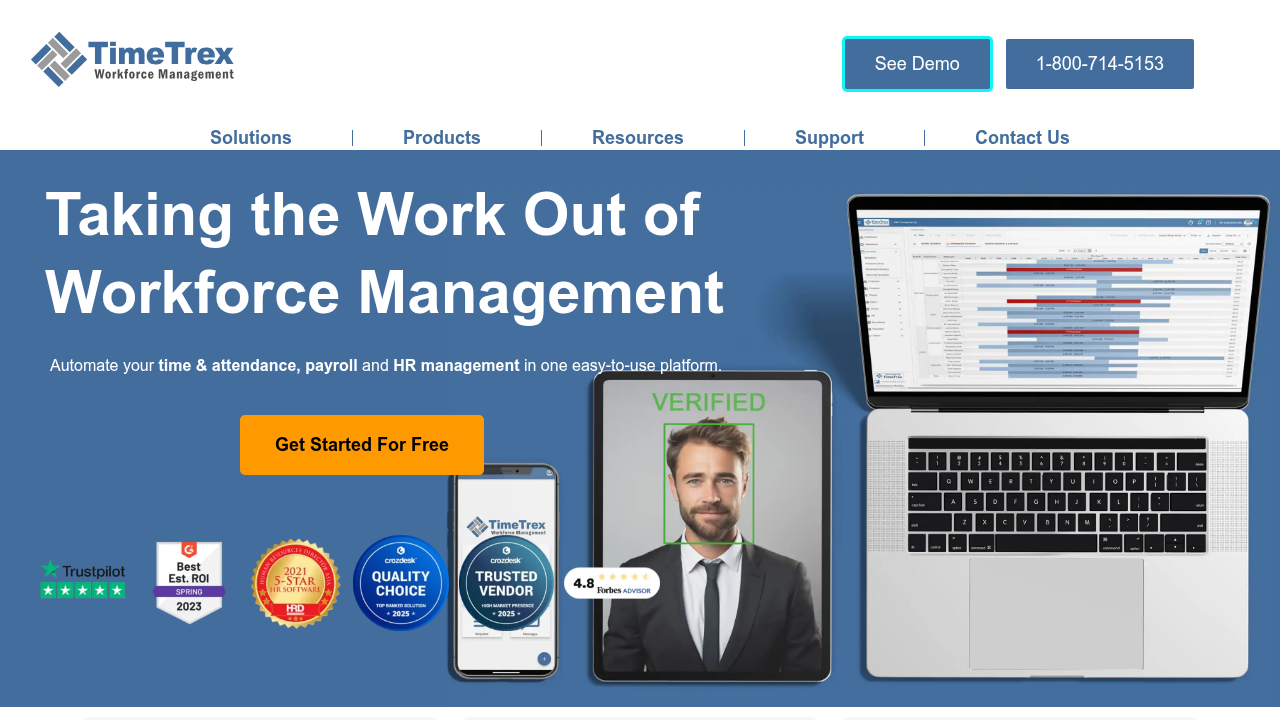 The TimeTrex website, which features blog discussions on the strategic impact of AGI for leaders in 2026.