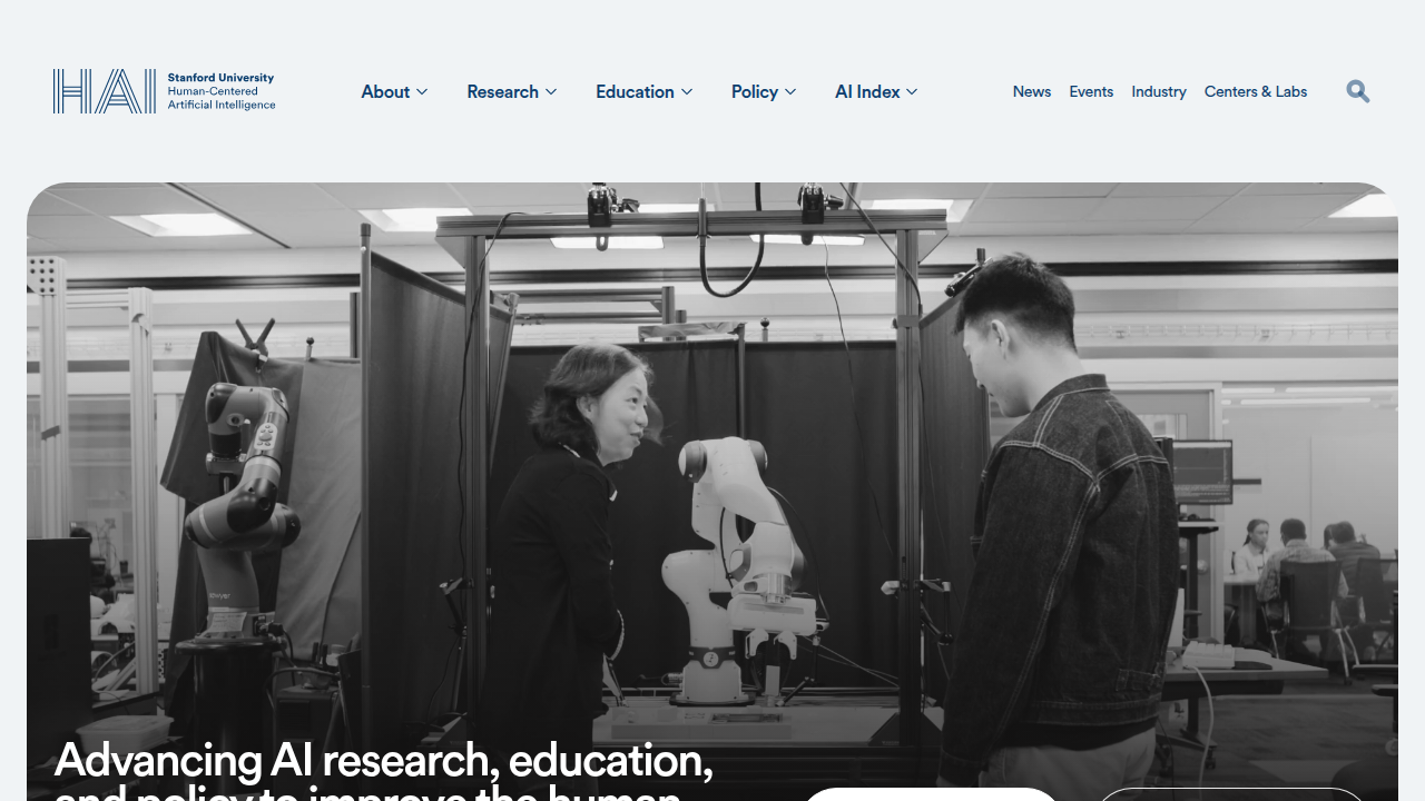 The Stanford Human-Centered AI (HAI) website, home to influential reports on AI's technical performance and societal impact.