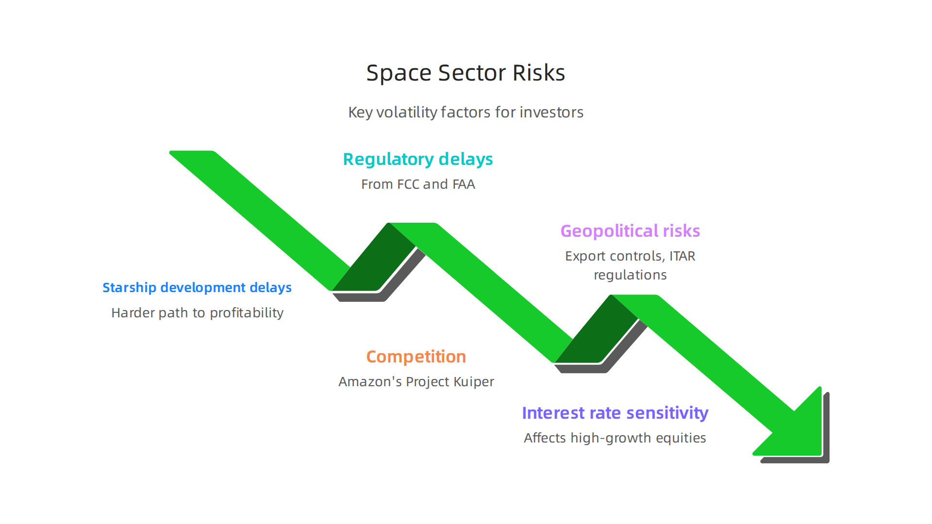A breakdown of significant risks and potential volatility factors impacting investments in the space industry.