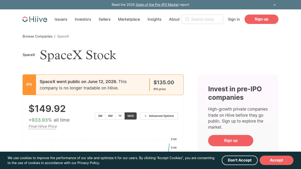 Real-time bids and asks for SpaceX shares on the Hiive secondary market platform, illustrating pre-IPO trading dynamics.