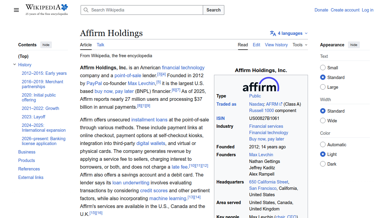 A screenshot of Affirm Holdings' company profile on Wikipedia, detailing its business model and services.