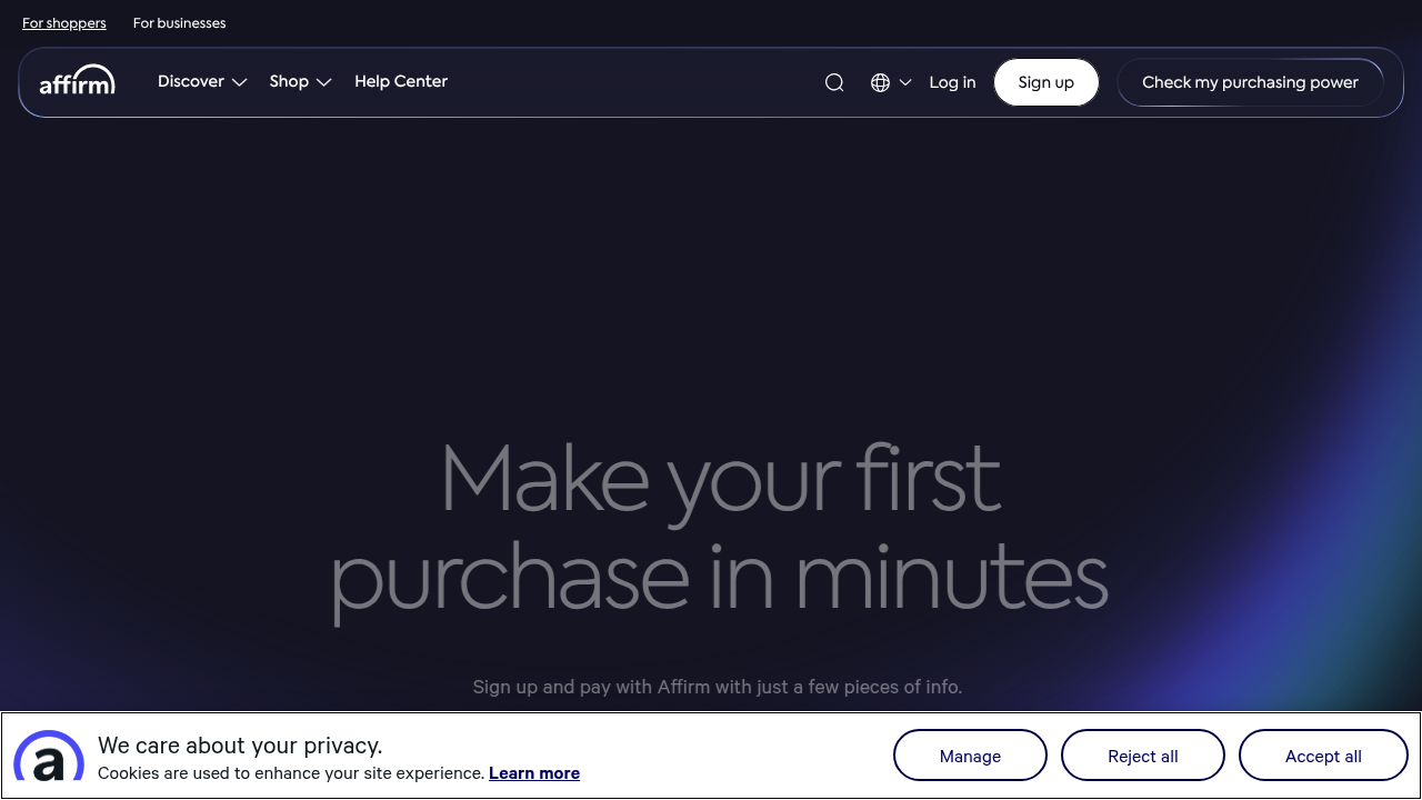 A screenshot of Affirm's 'How it Works' page, explaining their core buy now, pay later service for consumers.