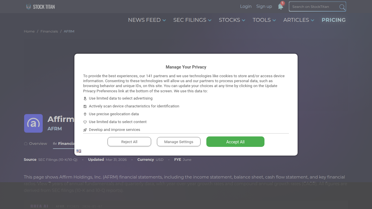 A screenshot displaying Affirm's financial performance data, including revenue and earnings, from Stocktitan.