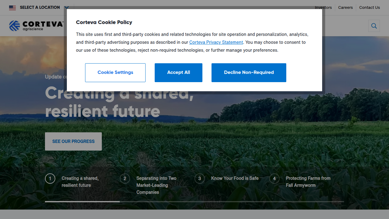 Corteva's official website, showcasing its focus on seeds, crop protection chemicals, and digital farming solutions.