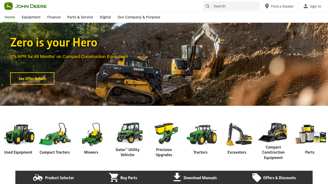 Deere & Company's official website, highlighting their farm equipment and precision agriculture technology.