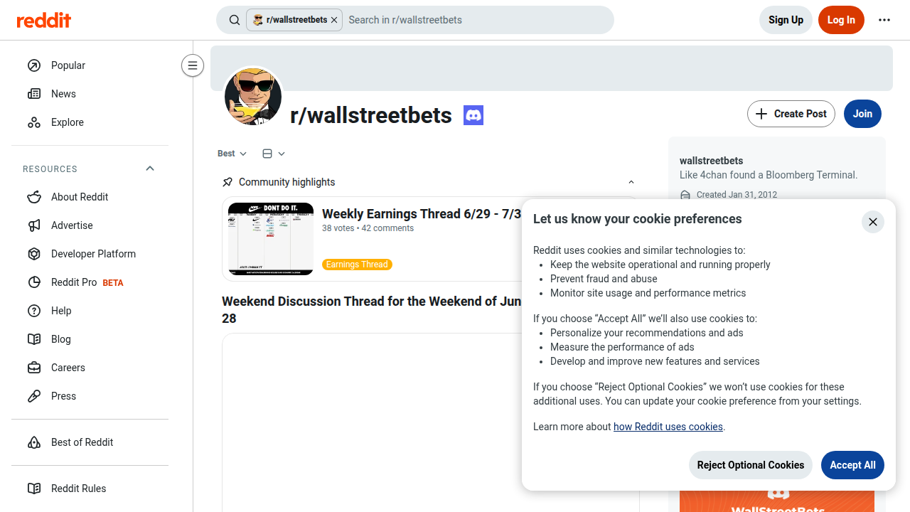 Screenshot of the r/wallstreetbets subreddit, showcasing popular discussions and market sentiment.