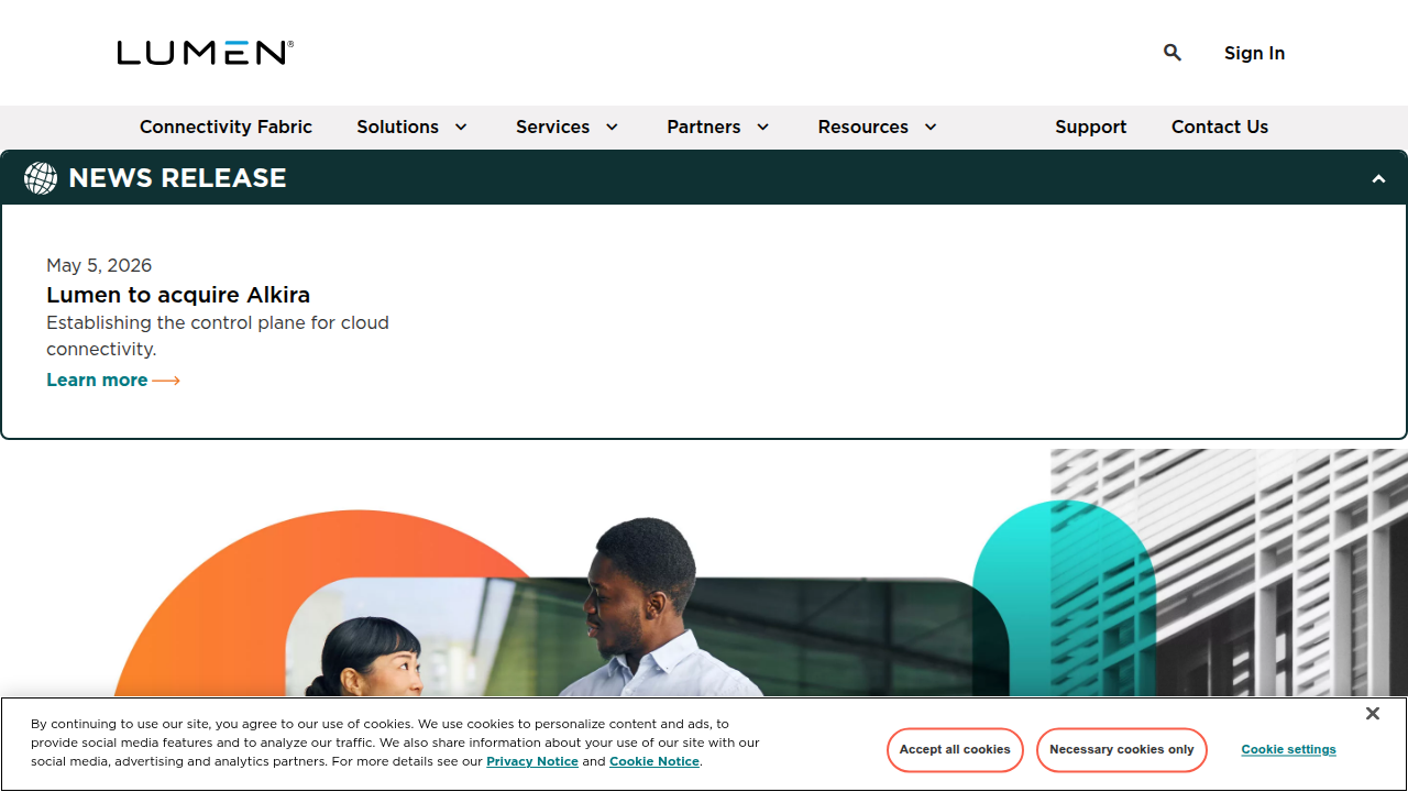 Lumen Technologies' homepage reflects its strategic shift towards AI-first connectivity and infrastructure.