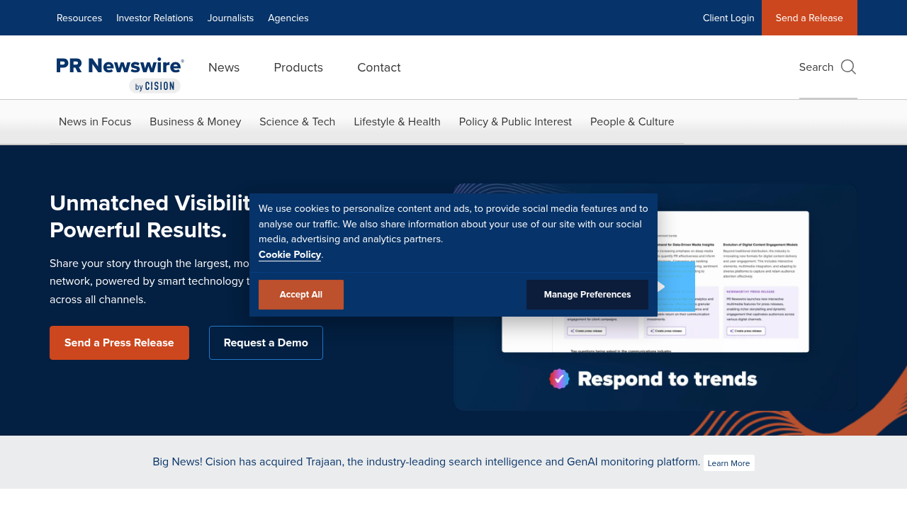 Screenshot of PR Newswire's homepage, a common source for corporate press releases like Enbridge's financial results.