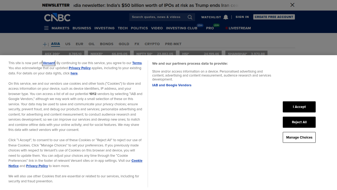 CNBC's homepage, a common source for market news and IPO coverage, reflects the kind of financial media that reported on Reddit's public debut.
