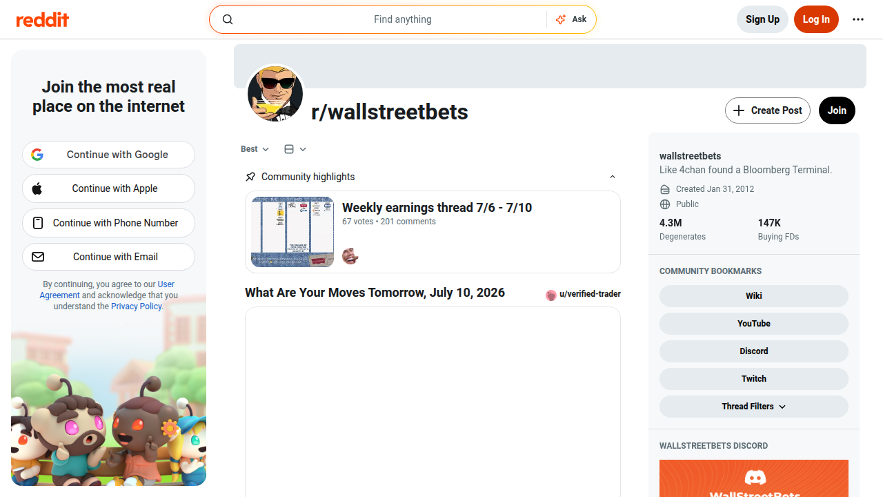 A screenshot of the r/wallstreetbets subreddit, showcasing its community and typical content.