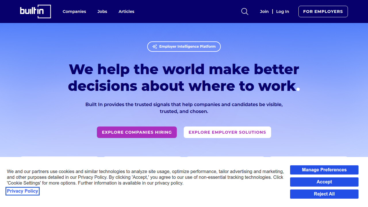 A screenshot of the Built In homepage, a platform for tech companies and careers, reflecting external commentary on Anthropic's founding story.