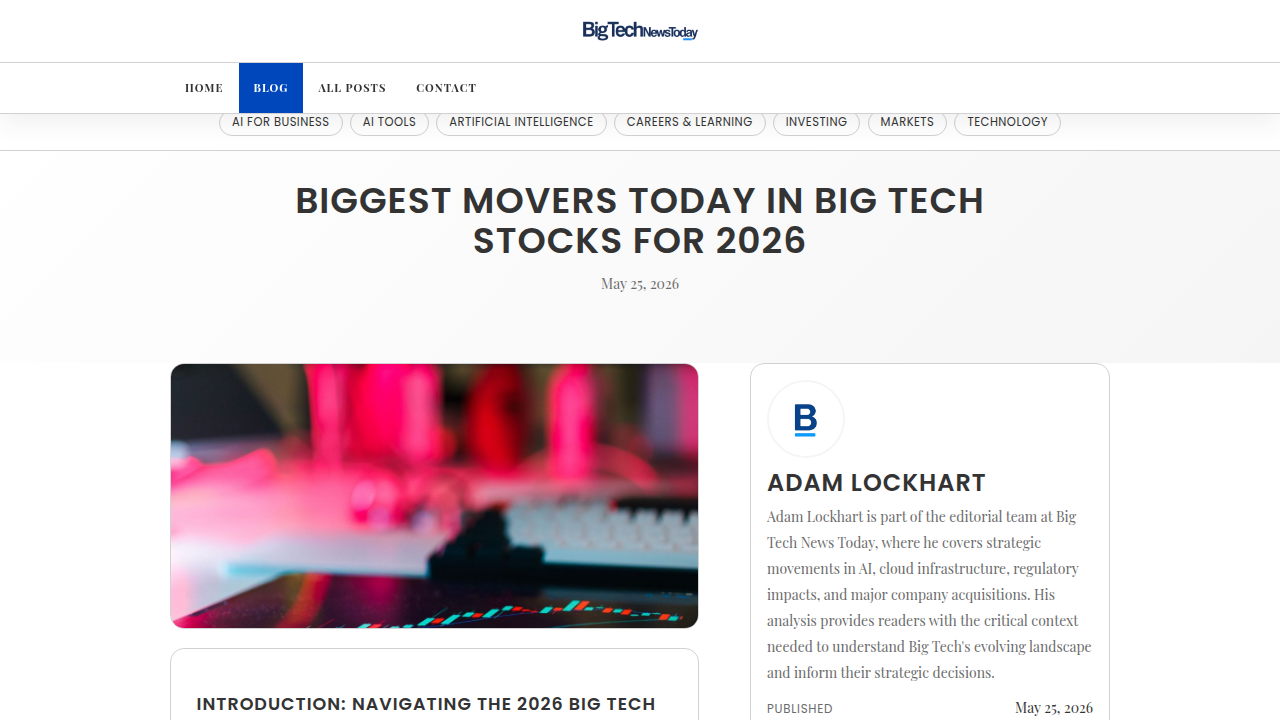 Example of a website showing the biggest movers among Big Tech stocks, reflecting real-time market activity.