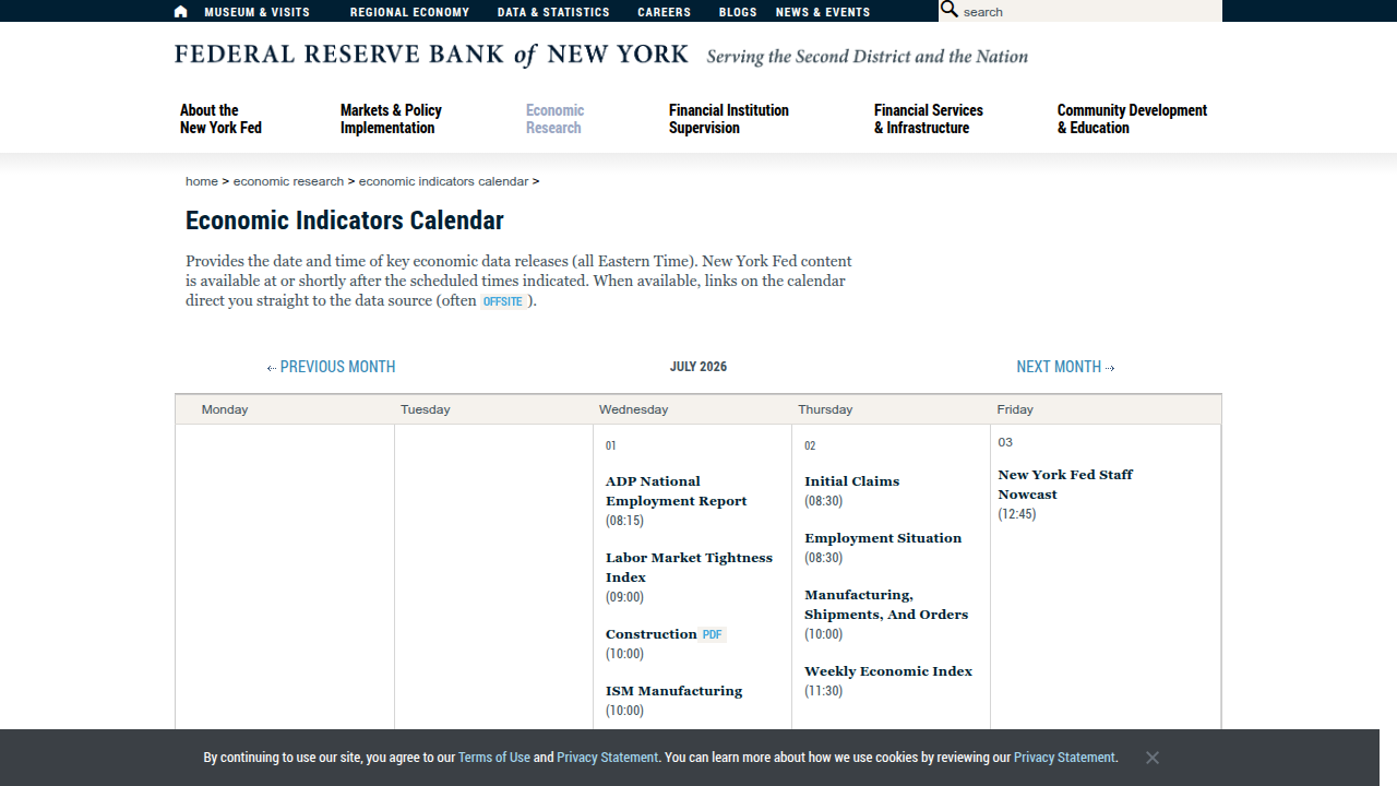 A screenshot of the New York Fed's economic indicators calendar, detailing upcoming financial announcements.