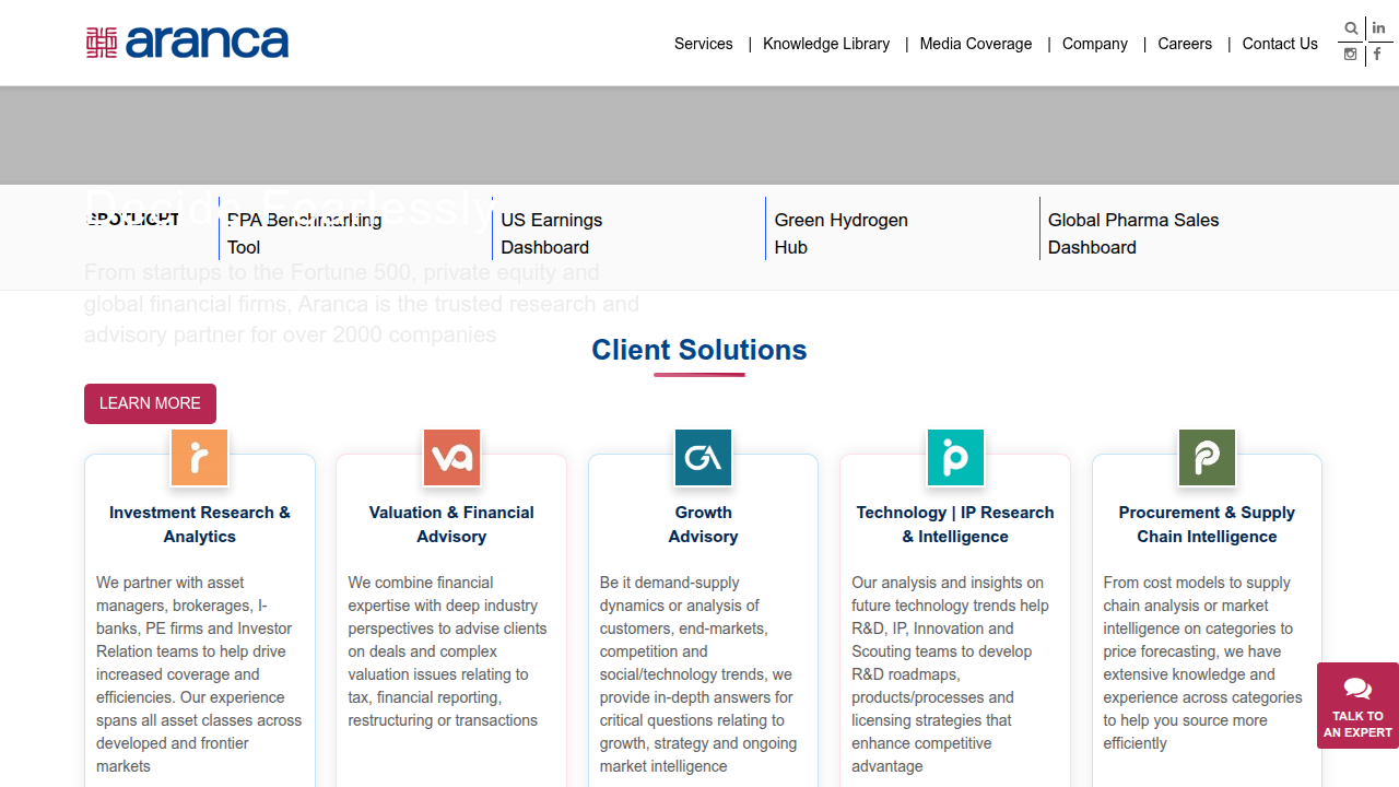 A screenshot of Aranca's homepage, a business research and advisory firm, relevant to technology sector M&A trends.