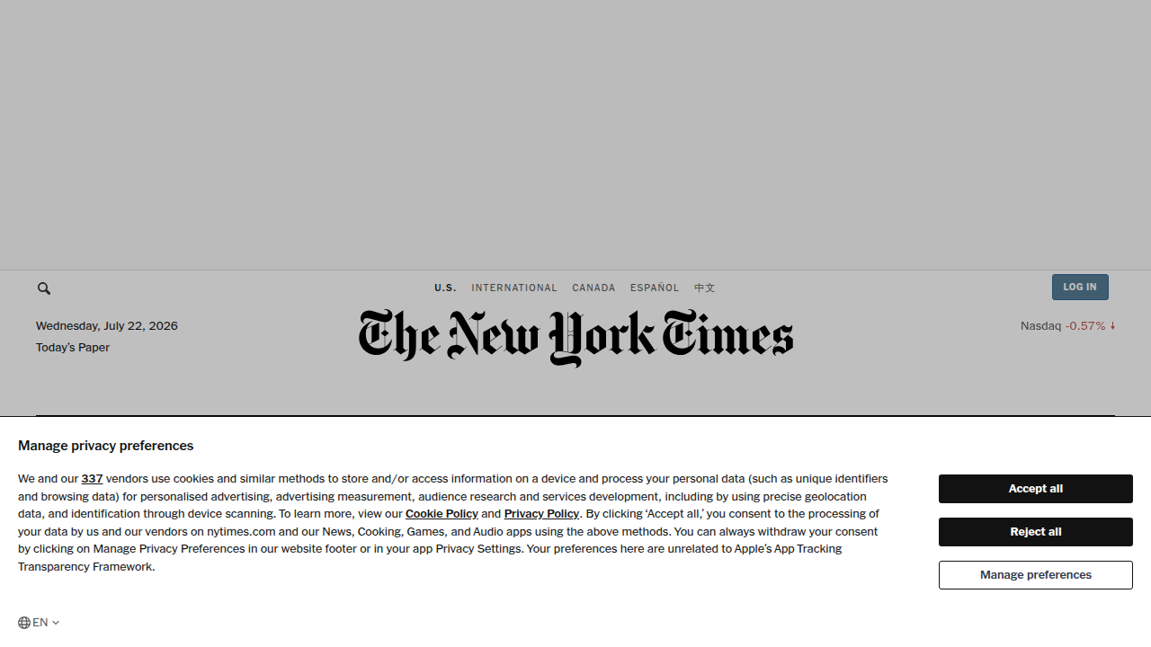 A screenshot of The New York Times homepage, reflecting the publication's coverage of significant political and technology news like AI policy.