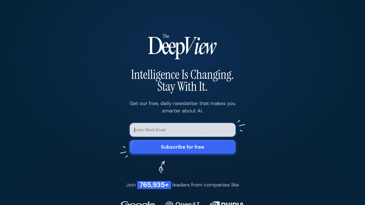 Screenshot of The Deepview newsletter subscription page, offering insights into AI and tech.