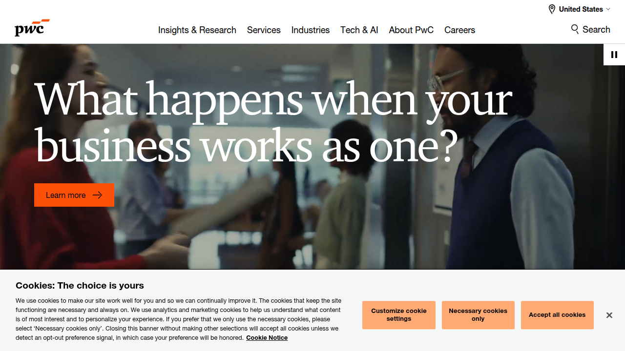Screenshot of PwC's insights page on global M&A industry trends and outlook.