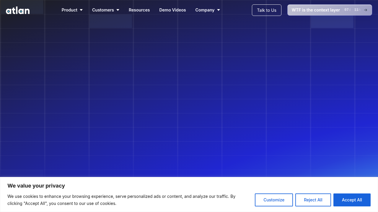 Atlan's homepage, a platform known for data governance and AI readiness assessments.