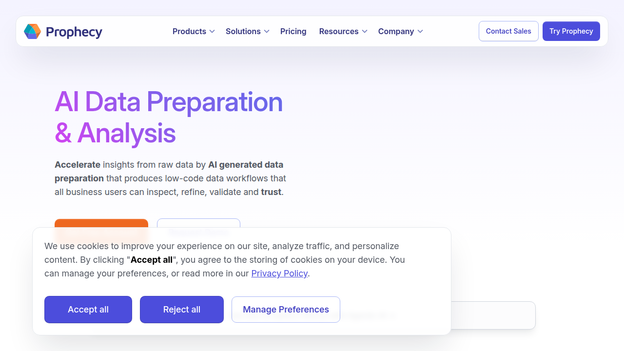 The Prophecy.ai website, focusing on AI-ready data pipelines and data engineering solutions.