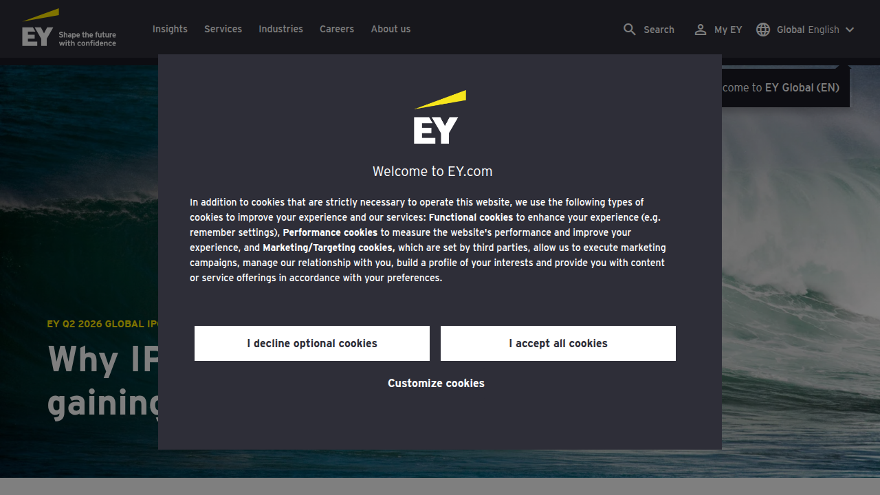 A screenshot of EY's Global IPO Trends report, highlighting key insights on the 2026 market outlook.