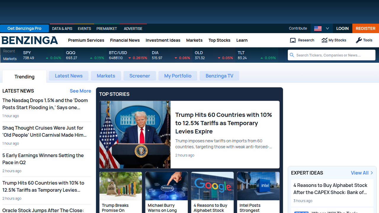 Screenshot of Benzinga homepage, a financial media outlet known for market news and analysis.